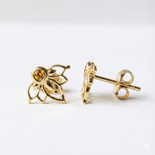 עגילי לוטוס ואבני חן 14 קראט זהב