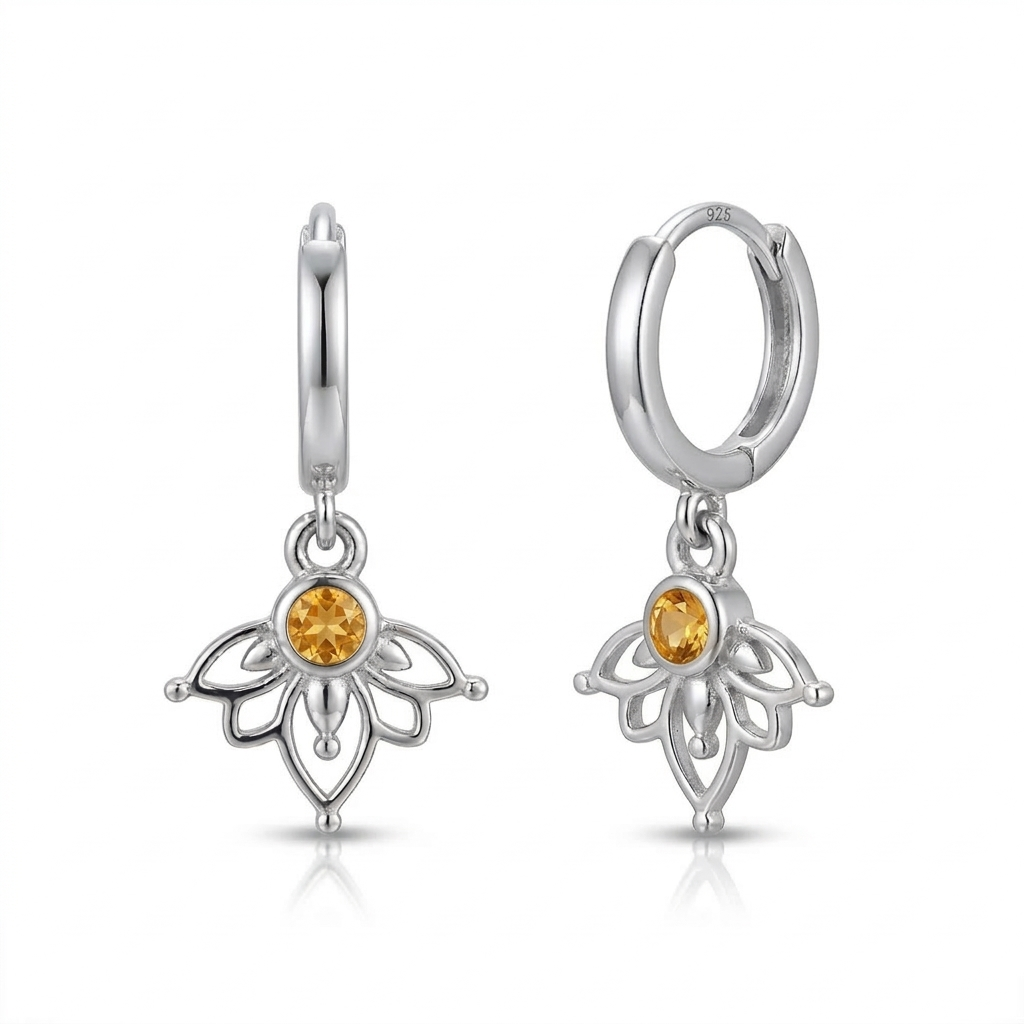 עגילי חישוק לוטוס סיטרין צהוב ענידה קלה כסף 925