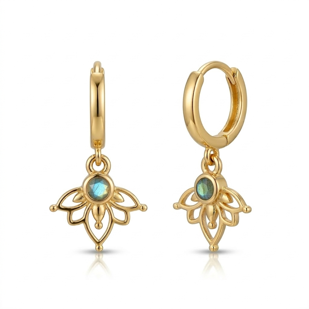 עגילי חישוק לוטוס גולדפילד מצופה זהב לברדורייט