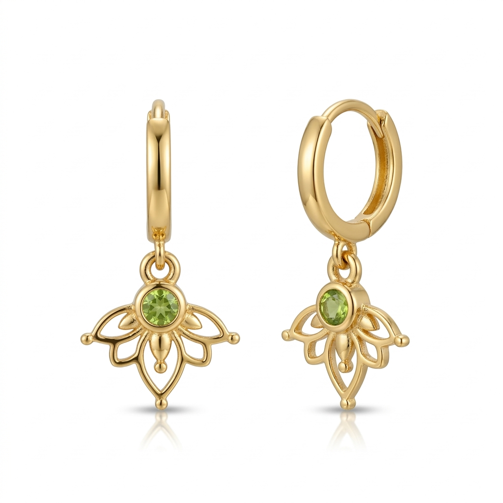 עגילי חישוק לוטוס גולדפילד מצופה זהב פרידוט ירוק 