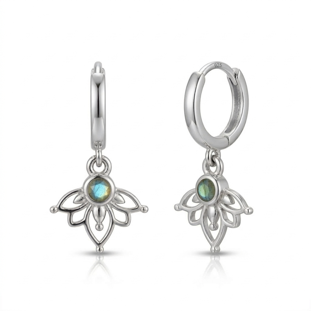 עגילי חישוק לוטוס לברדורייט ענידה קלה כסף 925