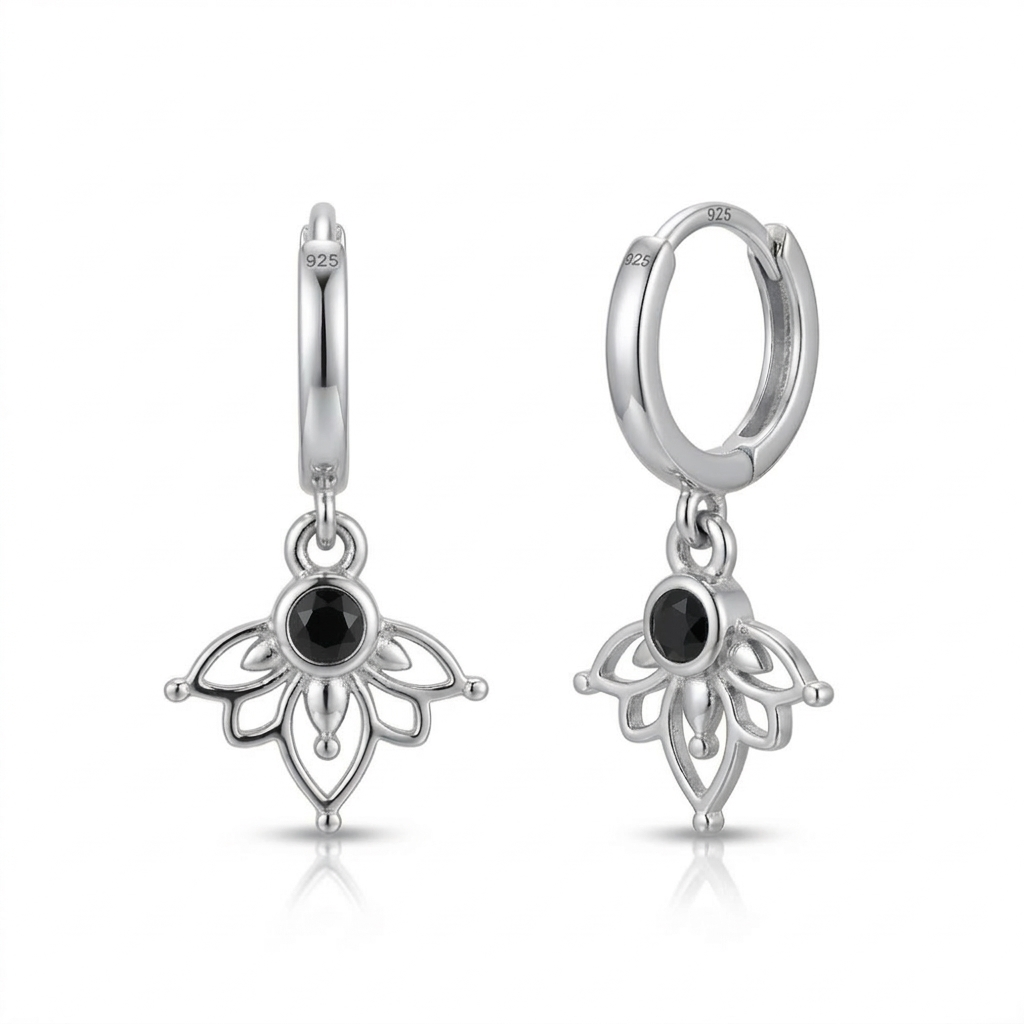 עגילי חישוק לוטוס אוניקס שחור ענידה קלה כסף 925